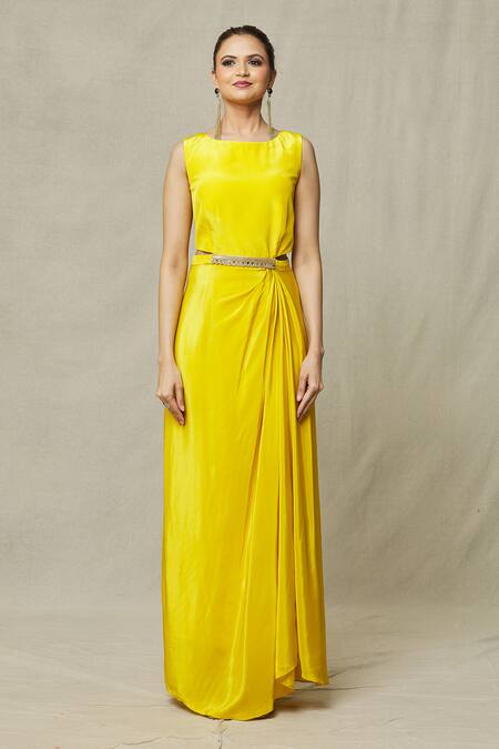 Samyukta Singhania_Yellow Crepe, Satin Beads Boat Neck Sleeveless Gown With Abstract Print Cape_at_Aza_Fashions