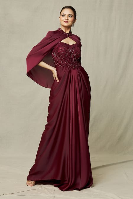 Samyukta Singhania Maroon Gown Crepe Embroidery Cutdana Gown Sweetheart Bead Draped With Cape 