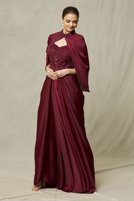 Buy_Samyukta Singhania_Maroon Crepe, Net Cut Work Sweetheart Bead Embroidered Draped Gown With Cape_Online_at_Aza_Fashions