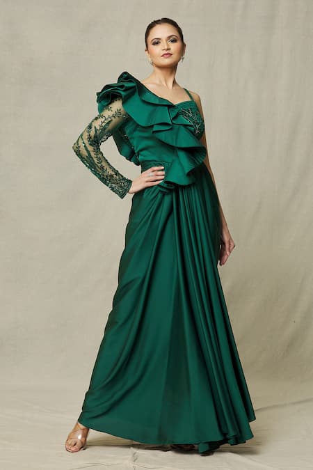Flowy Satin V-neckline A-line Emerald Bridesmaids or Evening Gown BD10 –  Sparkly Gowns