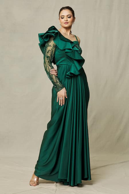 Samyukta Singhania Emerald Green Net, Satin Sequins, Beads One Shoulder Ruffle Draped Gown Online at Aza Fashions Samyukta Singhania_Emerald Green Net, Satin Sequins, Beads One Shoulder Ruffle Draped Gown_Online_at_Aza_Fashions