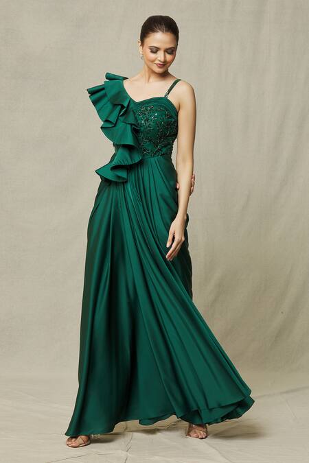 Buy Samyukta Singhania Emerald Green Net, Satin Sequins, Beads One Shoulder Ruffle Draped Gown Online at Aza Fashions Buy_Samyukta Singhania_Emerald Green Net, Satin Sequins, Beads One Shoulder Ruffle Draped Gown_Online_at_Aza_Fashions