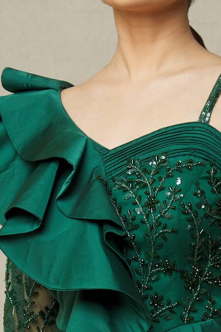 Shop Samyukta Singhania Emerald Green Net, Satin Sequins, Beads One Shoulder Ruffle Draped Gown Online at Aza Fashions Shop_Samyukta Singhania_Emerald Green Net, Satin Sequins, Beads One Shoulder Ruffle Draped Gown_Online_at_Aza_Fashions