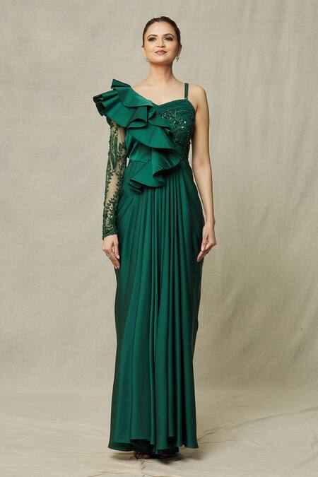 Samyukta Singhania Emerald Green Net, Satin Sequins, Beads One Shoulder Ruffle Draped Gown at Aza Fashions Samyukta Singhania_Emerald Green Net, Satin Sequins, Beads One Shoulder Ruffle Draped Gown_at_Aza_Fashions