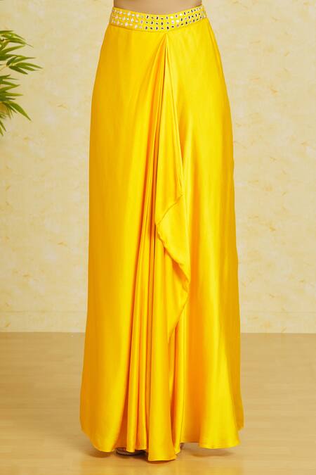 Samyukta Singhania_Yellow Satin, Silk, Net Mirrors, Embroidery V-neck Waistband Draped Skirt Set_Online_at_Aza_Fashions