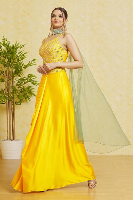Buy_Samyukta Singhania_Yellow Satin, Silk, Net Mirrors, Embroidery V-neck Waistband Draped Skirt Set_Online_at_Aza_Fashions