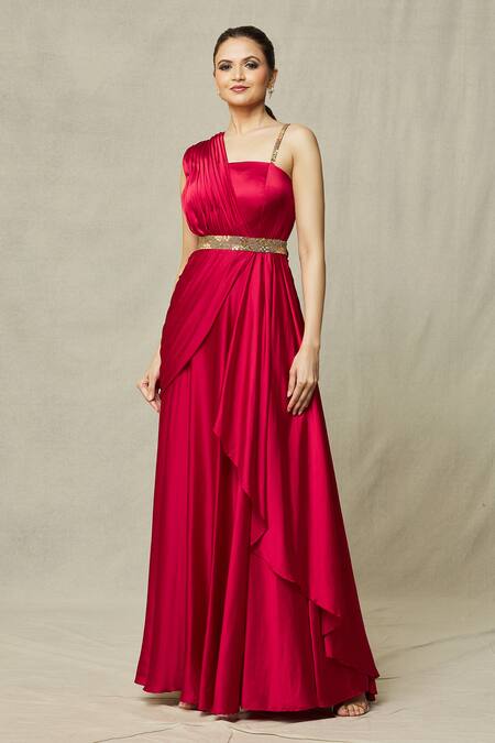 Samyukta Singhania Red Satin Sequins, Cut Work, Beads Asymmetric Draped Gown With Embroidered Belt Online at Aza Fashions Samyukta Singhania_Red Satin Sequins, Cut Work, Beads Asymmetric Draped Gown With Embroidered Belt_Online_at_Aza_Fashions