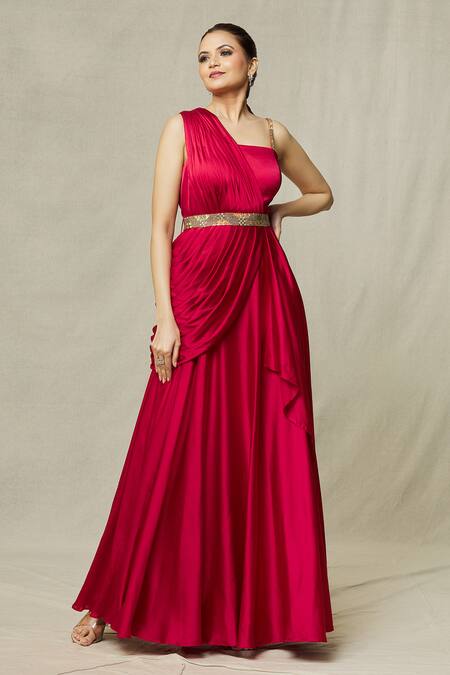 Buy Samyukta Singhania Red Satin Sequins, Cut Work, Beads Asymmetric Draped Gown With Embroidered Belt Online at Aza Fashions Buy_Samyukta Singhania_Red Satin Sequins, Cut Work, Beads Asymmetric Draped Gown With Embroidered Belt_Online_at_Aza_Fashions