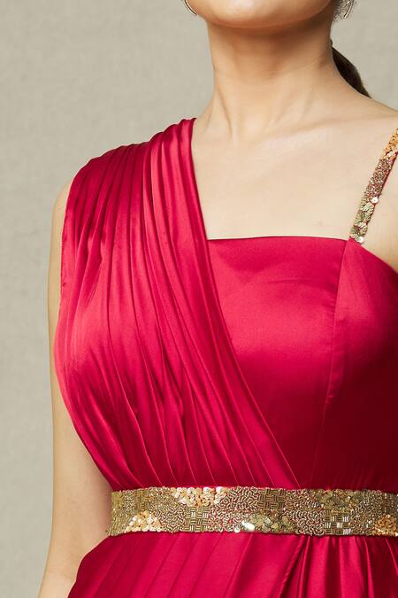 Shop Samyukta Singhania Red Satin Sequins, Cut Work, Beads Asymmetric Draped Gown With Embroidered Belt Online at Aza Fashions Shop_Samyukta Singhania_Red Satin Sequins, Cut Work, Beads Asymmetric Draped Gown With Embroidered Belt_Online_at_Aza_Fashions