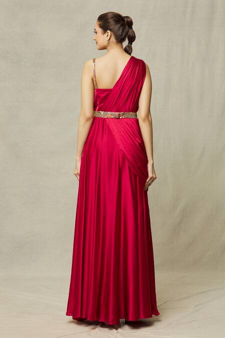 Shop Samyukta Singhania Red Satin Sequins, Cut Work, Beads Asymmetric Draped Gown With Embroidered Belt at Aza Fashions Shop_Samyukta Singhania_Red Satin Sequins, Cut Work, Beads Asymmetric Draped Gown With Embroidered Belt_at_Aza_Fashions