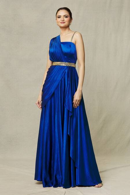 Samyukta Singhania Blue Satin Beads, Sequins, Cut Work Asymmetric Draped Gown With Embroidered Belt Online at Aza Fashions Samyukta Singhania_Blue Satin Beads, Sequins, Cut Work Asymmetric Draped Gown With Embroidered Belt_Online_at_Aza_Fashions