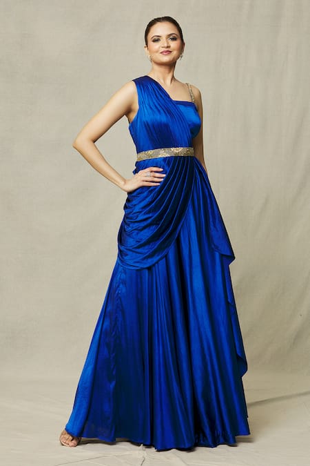 Buy Blue Satin Embroidery Sequin Asymmetric Draped Gown With Belt For Women by Samyukta Singhania Online at Aza Fashions