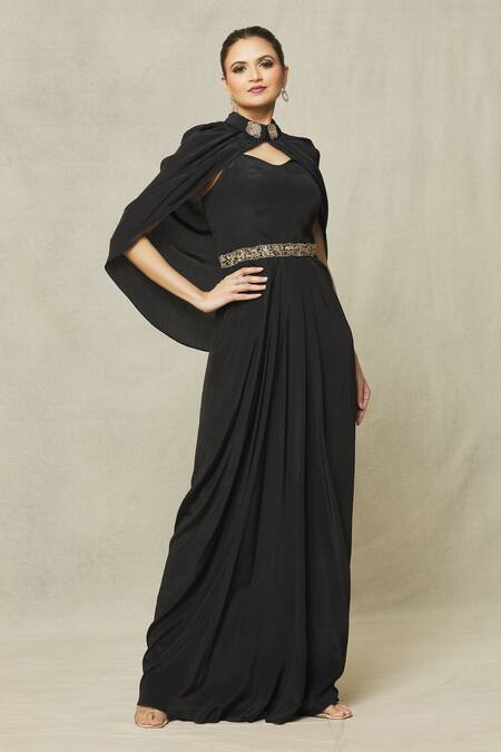 Samyukta Singhania_Black Crepe Embroidery Sweetheart Neck Draped Gown With Cape_Online_at_Aza_Fashions