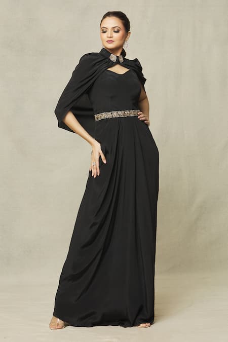Buy_Samyukta Singhania_Black Crepe Embroidery Sweetheart Neck Draped Gown With Cape_Online_at_Aza_Fashions