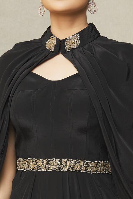 Shop_Samyukta Singhania_Black Crepe Embroidery Sweetheart Neck Draped Gown With Cape_Online_at_Aza_Fashions