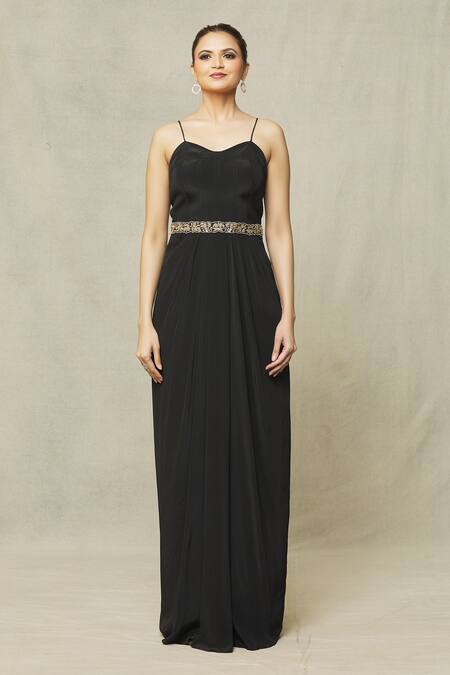 Samyukta Singhania_Black Crepe Embroidery Sweetheart Neck Draped Gown With Cape_at_Aza_Fashions