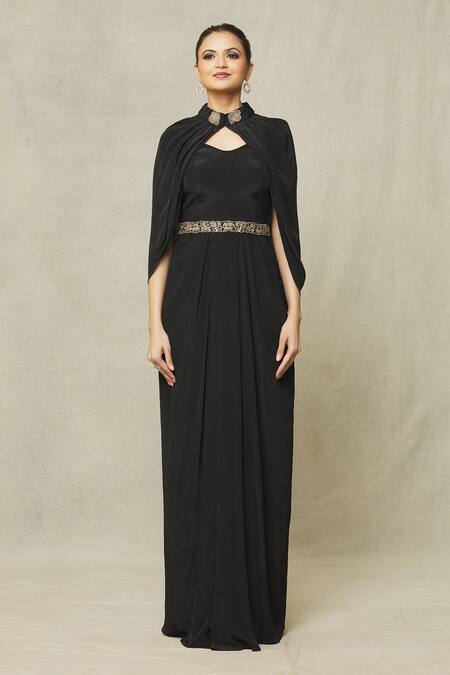Buy_Samyukta Singhania_Black Crepe Embroidery Sweetheart Neck Draped Gown With Cape