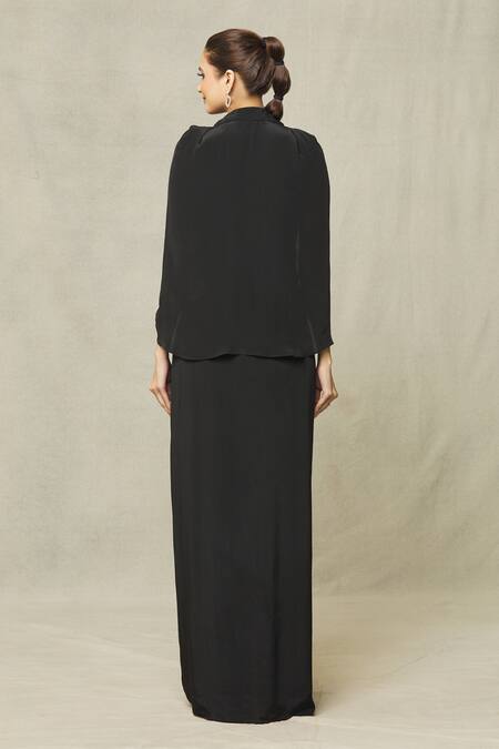 Shop_Samyukta Singhania_Black Crepe Embroidery Sweetheart Neck Draped Gown With Cape_at_Aza_Fashions