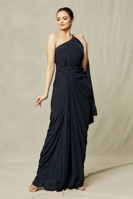 Samyukta Singhania Blue Crepe Beads, Sequins Asymmetric One Shoulder Draped Gown Online at Aza Fashions Samyukta Singhania_Blue Crepe Beads, Sequins Asymmetric One Shoulder Draped Gown_Online_at_Aza_Fashions