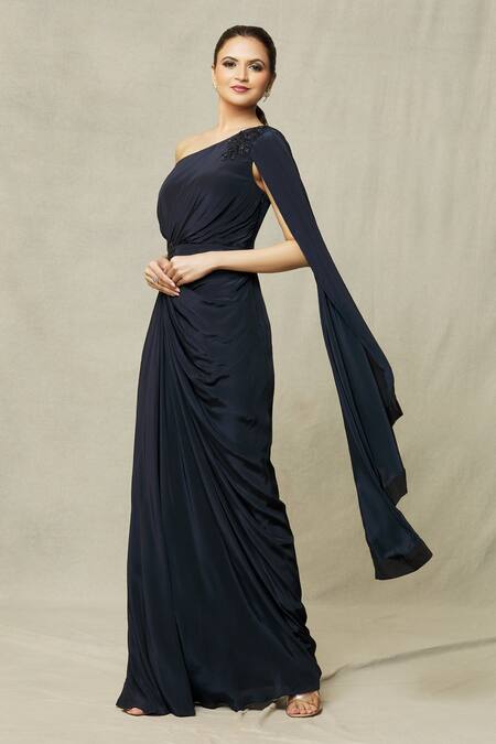Buy Samyukta Singhania Blue Crepe Beads, Sequins Asymmetric One Shoulder Draped Gown Online at Aza Fashions Buy_Samyukta Singhania_Blue Crepe Beads, Sequins Asymmetric One Shoulder Draped Gown_Online_at_Aza_Fashions