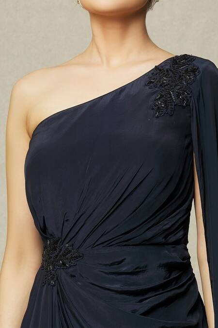 Shop Samyukta Singhania Blue Crepe Beads, Sequins Asymmetric One Shoulder Draped Gown Online at Aza Fashions Shop_Samyukta Singhania_Blue Crepe Beads, Sequins Asymmetric One Shoulder Draped Gown_Online_at_Aza_Fashions