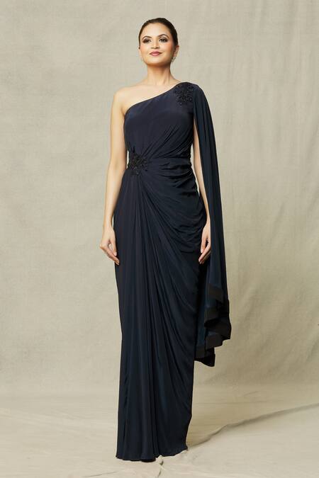Samyukta Singhania Blue Crepe Beads, Sequins Asymmetric One Shoulder Draped Gown at Aza Fashions Samyukta Singhania_Blue Crepe Beads, Sequins Asymmetric One Shoulder Draped Gown_at_Aza_Fashions