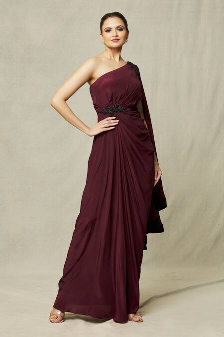 Samyukta Singhania Wine Crepe Sequins, Beads Asymmetric Placement Embroidered Draped Gown Online at Aza Fashions Samyukta Singhania_Wine Crepe Sequins, Beads Asymmetric Placement Embroidered Draped Gown_Online_at_Aza_Fashions