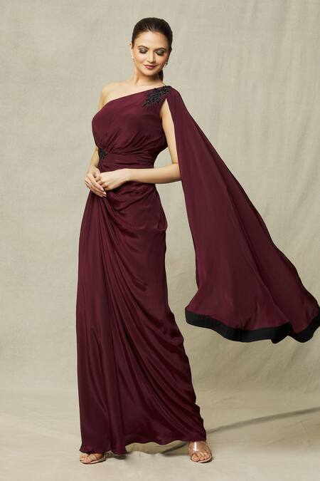 Buy Samyukta Singhania Wine Crepe Sequins, Beads Asymmetric Placement Embroidered Draped Gown Online at Aza Fashions Buy_Samyukta Singhania_Wine Crepe Sequins, Beads Asymmetric Placement Embroidered Draped Gown_Online_at_Aza_Fashions