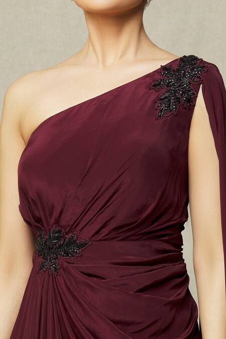 Shop Samyukta Singhania Wine Crepe Sequins, Beads Asymmetric Placement Embroidered Draped Gown Online at Aza Fashions Shop_Samyukta Singhania_Wine Crepe Sequins, Beads Asymmetric Placement Embroidered Draped Gown_Online_at_Aza_Fashions