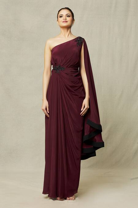 Samyukta Singhania Wine Crepe Sequins, Beads Asymmetric Placement Embroidered Draped Gown at Aza Fashions Samyukta Singhania_Wine Crepe Sequins, Beads Asymmetric Placement Embroidered Draped Gown_at_Aza_Fashions