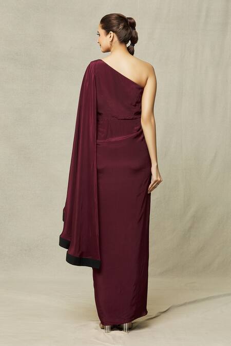 Shop Samyukta Singhania Wine Crepe Sequins, Beads Asymmetric Placement Embroidered Draped Gown at Aza Fashions Shop_Samyukta Singhania_Wine Crepe Sequins, Beads Asymmetric Placement Embroidered Draped Gown_at_Aza_Fashions