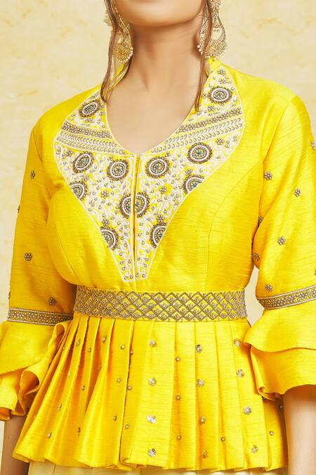 Buy Samyukta Singhania Yellow Silk Cut Work, Pearls, Zari, Embroidery Open Cord Lehenga And Blouse Set Online at Aza Fashions Buy_Samyukta Singhania_Yellow Silk Cut Work, Pearls, Zari, Embroidery Open Cord Lehenga And Blouse Set_Online_at_Aza_Fashions