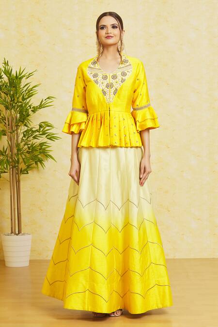 Samyukta Singhania Yellow Silk Cut Work, Pearls, Zari, Embroidery Open Cord Lehenga And Blouse Set at Aza Fashions Samyukta Singhania_Yellow Silk Cut Work, Pearls, Zari, Embroidery Open Cord Lehenga And Blouse Set_at_Aza_Fashions