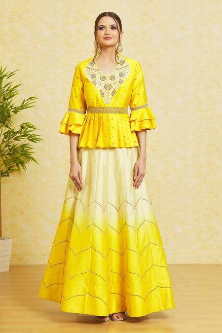 Buy Samyukta Singhania Yellow Silk Cut Work, Pearls, Zari, Embroidery Open Cord Lehenga And Blouse Set Buy_Samyukta Singhania_Yellow Silk Cut Work, Pearls, Zari, Embroidery Open Cord Lehenga And Blouse Set