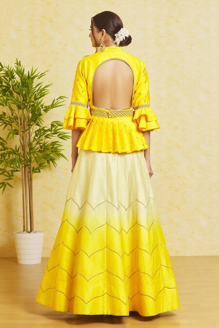 Shop Samyukta Singhania Yellow Silk Cut Work, Pearls, Zari, Embroidery Open Cord Lehenga And Blouse Set at Aza Fashions Shop_Samyukta Singhania_Yellow Silk Cut Work, Pearls, Zari, Embroidery Open Cord Lehenga And Blouse Set_at_Aza_Fashions