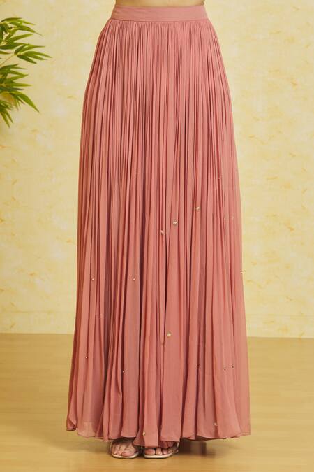 Samyukta Singhania_Pink Silk, Georgette Cut Work, Embroidery, Pearls Scoop Neck Net Cape Skirt Set_Online_at_Aza_Fashions
