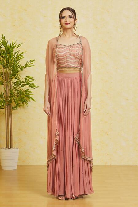 Buy_Samyukta Singhania_Pink Silk, Georgette Cut Work, Embroidery, Pearls Scoop Neck Net Cape Skirt Set_Online_at_Aza_Fashions