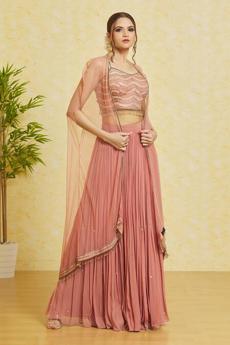 Shop_Samyukta Singhania_Pink Silk, Georgette Cut Work, Embroidery, Pearls Scoop Neck Net Cape Skirt Set_Online_at_Aza_Fashions
