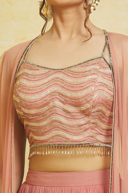 Samyukta Singhania_Pink Silk, Georgette Cut Work, Embroidery, Pearls Scoop Neck Net Cape Skirt Set_at_Aza_Fashions