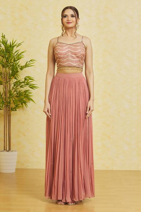 Buy_Samyukta Singhania_Pink Silk, Georgette Cut Work, Embroidery, Pearls Scoop Neck Net Cape Skirt Set