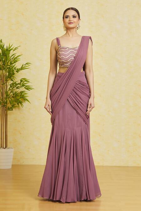 Shop_Samyukta Singhania_Purple Silk Pearls, Gota Patti Sweetheart Lehenga Saree With Embroidered Blouse_Online_at_Aza_Fashions