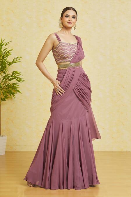 Buy_Samyukta Singhania_Purple Silk Pearls, Gota Patti Sweetheart Lehenga Saree With Embroidered Blouse