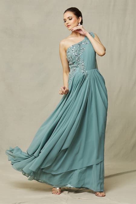 Samyukta Singhania Blue Georgette Embroidery Cutdana Asymmetric One Shoulder Hand Draped Gown 