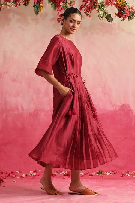Weaver Story_Magenta Chanderi Silk Tassels Boat Neck Mukaish Embroidered Midi Dress _Online_at_Aza_Fashions