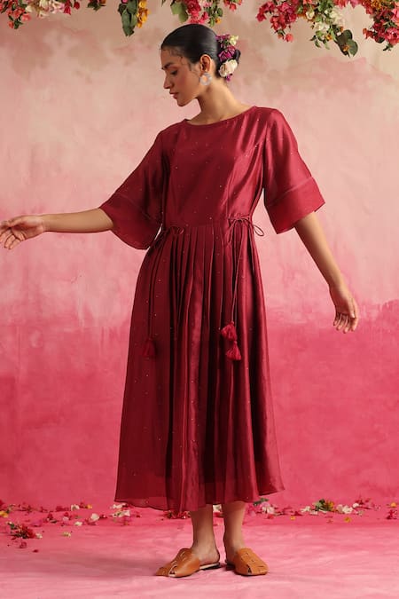 Buy_Weaver Story_Magenta Chanderi Silk Tassels Boat Neck Mukaish Embroidered Midi Dress _Online_at_Aza_Fashions