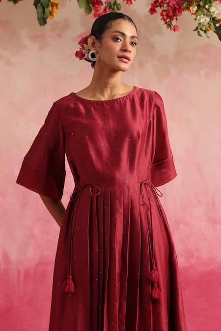 Shop_Weaver Story_Magenta Chanderi Silk Tassels Boat Neck Mukaish Embroidered Midi Dress _Online_at_Aza_Fashions