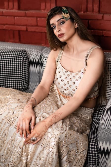 Shop Vandana Sethi Ivory , Organza Embroidery, Mirrors Round Neck Embellished Lehenga Set at Aza Fashions Shop_Vandana Sethi_Ivory , Organza Embroidery, Mirrors Round Neck Embellished Lehenga Set _at_Aza_Fashions