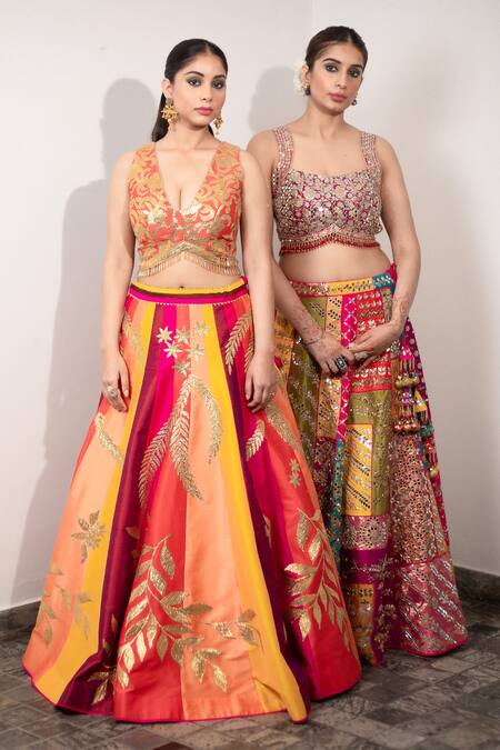 Buy Vandana Sethi Multi Color Silk Embroidery, Gota Patti V-neck Lehenga Set Online at Aza Fashions Buy_Vandana Sethi_Multi Color Silk Embroidery, Gota Patti V-neck Lehenga Set _Online_at_Aza_Fashions