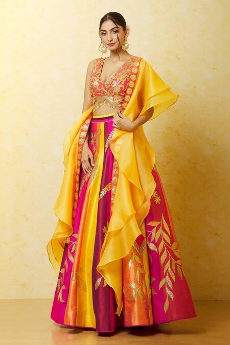 Vandana Sethi Multi Color Silk Embroidery, Gota Patti V-neck Lehenga Set at Aza Fashions Vandana Sethi_Multi Color Silk Embroidery, Gota Patti V-neck Lehenga Set _at_Aza_Fashions