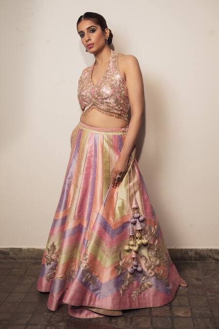 Vandana Sethi_Multi Color Silk Tassels, Crystals, Gota Patti Floral Embellished Lehenga Set _Online_at_Aza_Fashions